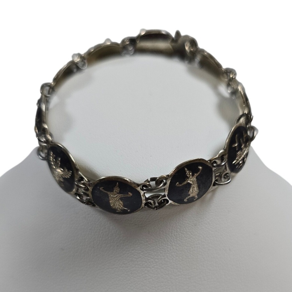 Vintage Siam‎ Sterling Silver Niello Link Bracelet Thai Goddess 7 Inch 10.4g